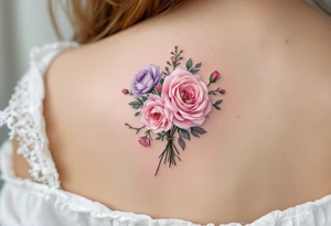 Tiny bouquet of wild roses, in pastel pinks and purples, tied loosely with thread-like ink strokes. tattoo idea