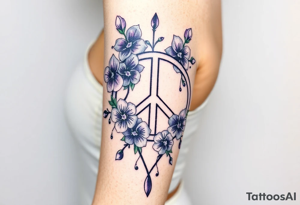 peace symbol intertwined with violets Pisces symbol, dog prints, amethyst, initials csb in cursive font tattoo idea