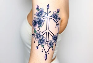 peace symbol intertwined with violets Pisces symbol, dog prints, amethyst, initials csb in cursive font tattoo idea
