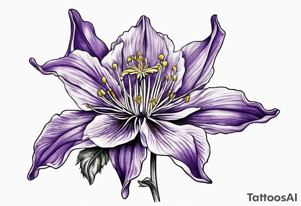 Columbine flower side view with stem and leaves purple tattoo idea