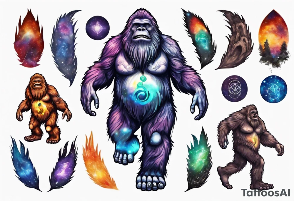Big foot with chakra spiritual galaxy above his head tattoo idea