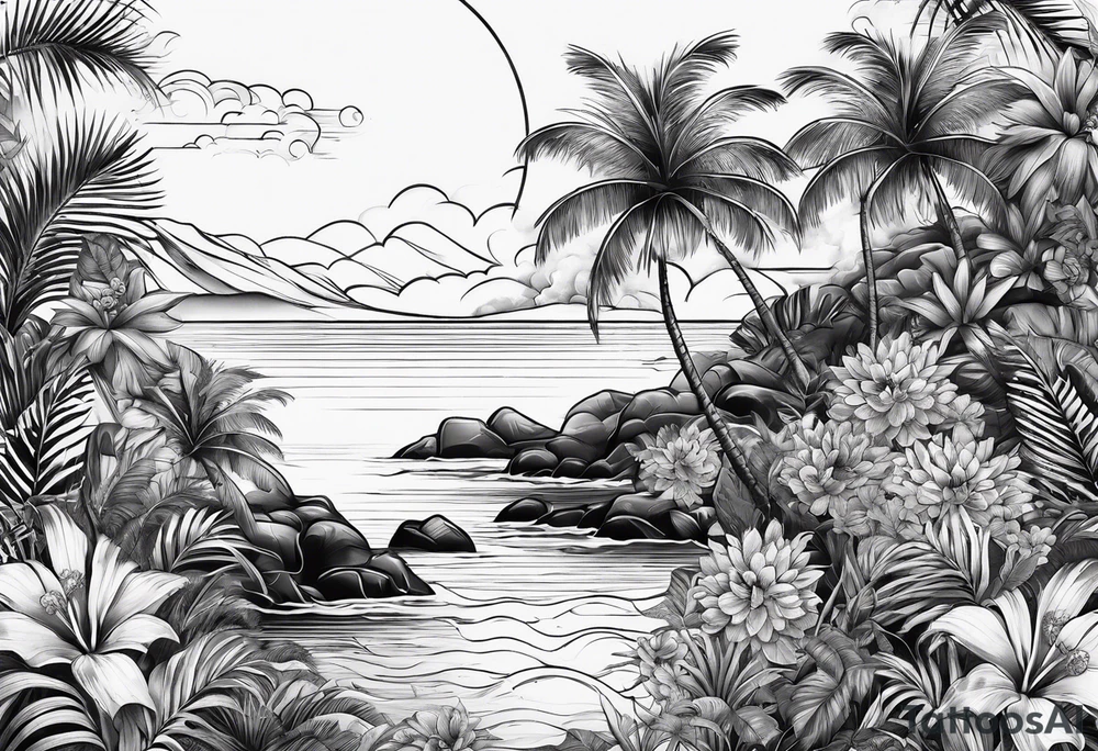 Ocean palm trees flowers tattoo idea