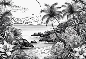 Ocean palm trees flowers tattoo idea