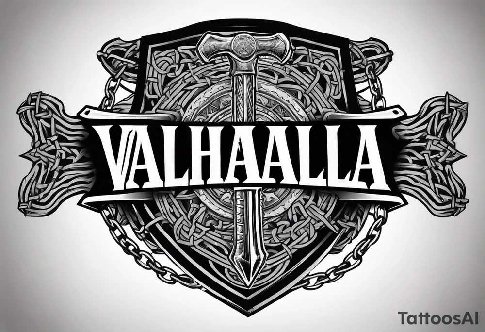 Valhalla round shield axe barbed wire chains tattoo idea