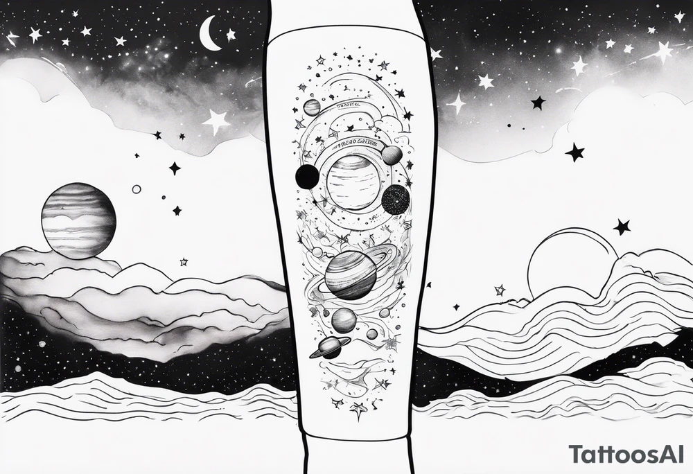 Galaxy with stars and planets in a minimalist style calf sleeve, with the quote, "Made for another world" tattoo idea