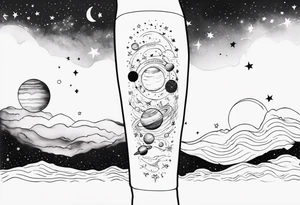 Galaxy with stars and planets in a minimalist style calf sleeve, with the quote, "Made for another world" tattoo idea