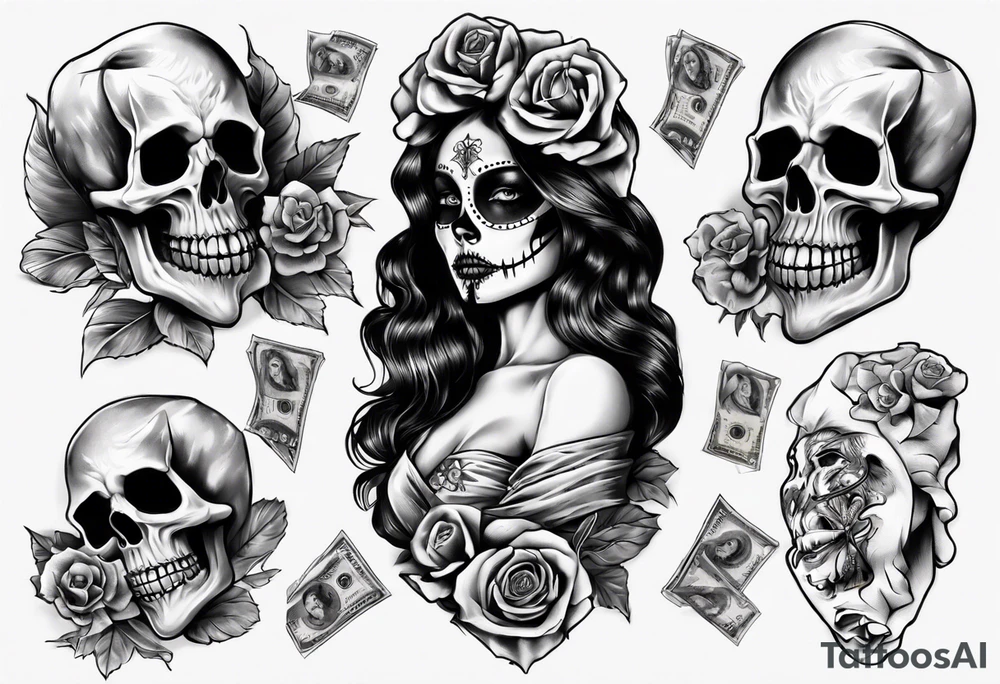 santa la muerta with money luxury tattoo idea