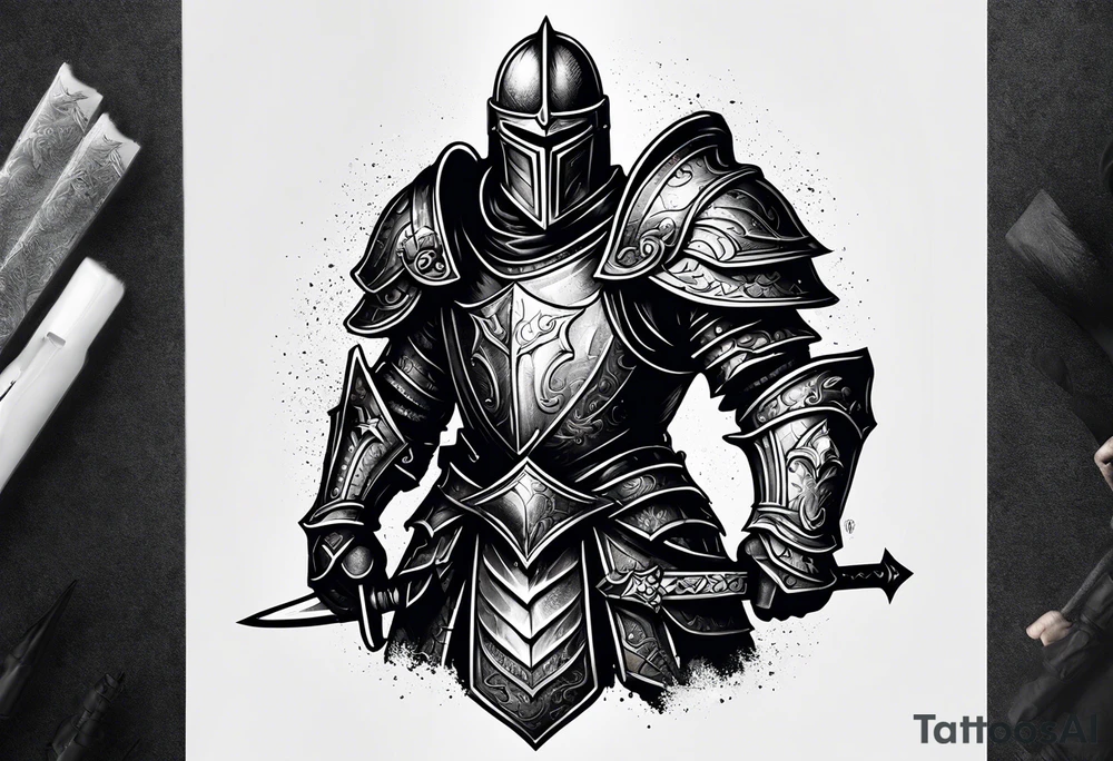 dark fantasy style knight in armor savage warrior, inner bicep tattoo design tattoo idea