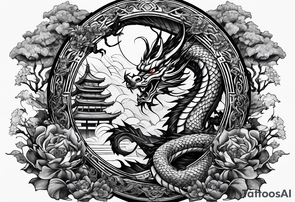 Tatto the Dragón and samurai in zen circule, tori gate tattoo idea
