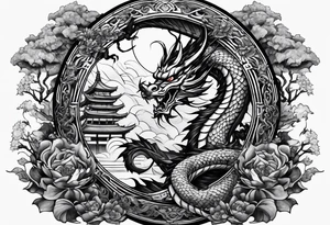 Tatto the Dragón and samurai in zen circule, tori gate tattoo idea
