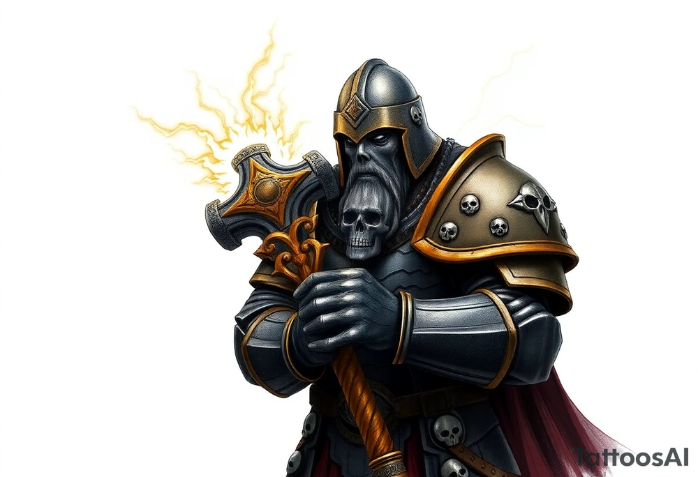 Warhammer, the Old World. A warrior priest of Sigmar holding The Warhammer of Sigmar. The Warhammer of Sigmar is radiating thunderous energy. The Warhammer is held by the warrior priest with both hands at the shaft with a firm grip in order to contain its unlimited energy, upon his chest level. The Warrior priest is wearing dark alloyed heavy armour (reference armor from warhammer vermintide 2 Victor Saltzpyres, the warrior priest of Sigmar class) with skull sigils on his shoulder pads. The warrior priest is wearing a helmet, while the helmets front visor has an humanoid face covering. The helmet and armour are gladened with hints of gold and crimson red. The Warhammer is silverish and golden with a long shaft with twisted carvings. tattoo idea