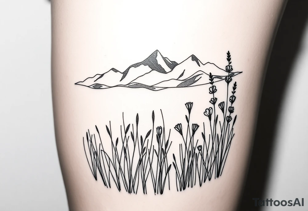 A field with long grass and flowers with mountains in the background tattoo idea