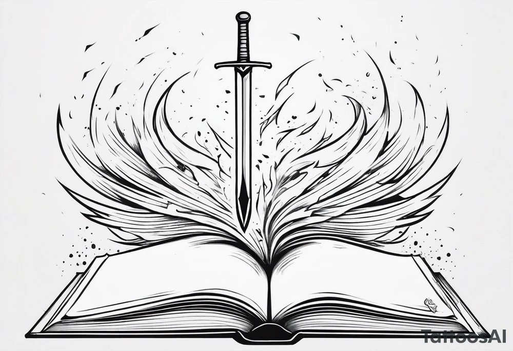 an empty open book with a sword through it, dragonwings and sparks surrounding the book. small design tattoo idea