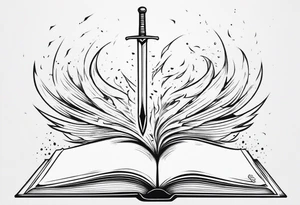 an empty open book with a sword through it, dragonwings and sparks surrounding the book. small design tattoo idea