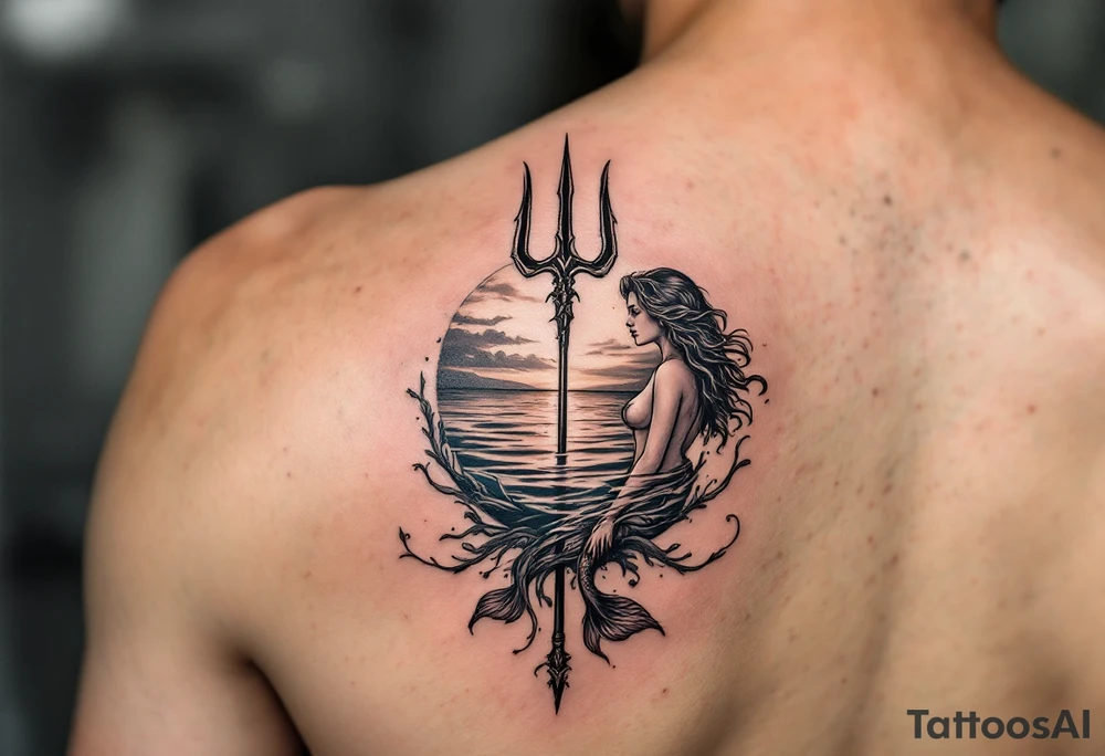 trident half way under calm water with sunset and mermaid tattoo idea
