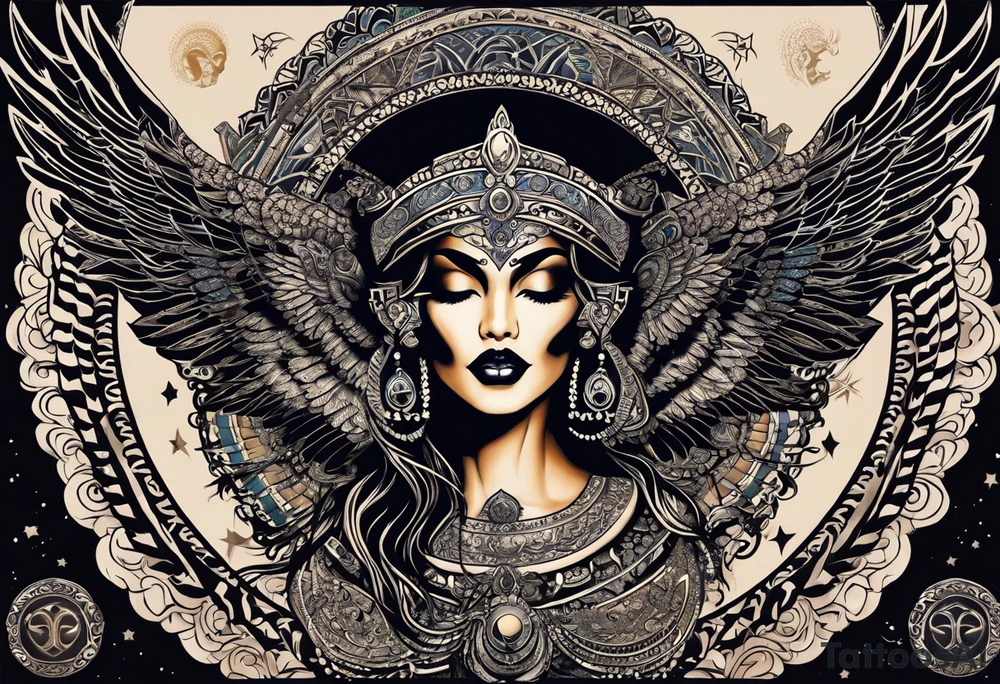 black kali, goddess pirate, alien, angel, pachamama, valkrye, warrior, flying, skull, lotus azul, wing, eagle, zenza resonance, stars, 5D, anahata chakra, death, durga, riding on a tiger, flying lady tattoo idea