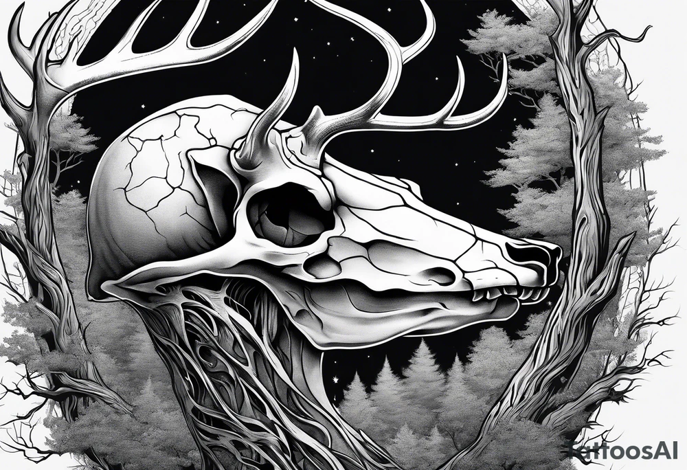 A side view of a decayed deer skull JUST BONE surrounded by trees and fire in background tattoo idea