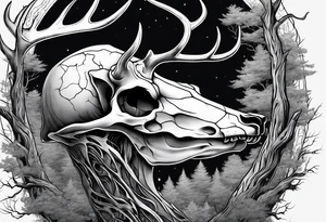 A side view of a decayed deer skull JUST BONE surrounded by trees and fire in background tattoo idea