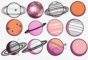 Dark Orange Pluto planet
Light orange Neptune planet
Black outline Uranus planet
light pink Saturn planet
dark pink Jupiter planet tattoo idea