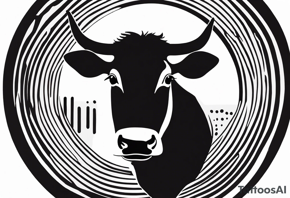 A black-and-white silhouette of a Holstein cow head facing forward. The cow’s head is outlined in bold black lines, with sharp, angular shapes defining its features. The body is represented by minimal black spots, stark against the white silhouette. The cow's head is positioned inside a simple white circle, which is placed on a solid black circle. The entire logo is against a clean white background, with strong contrasts between the black silhouettes and the white space. The design is minimalist, focusing on the silhouette of the cow and the simple, bold shapes of the logo. tattoo idea