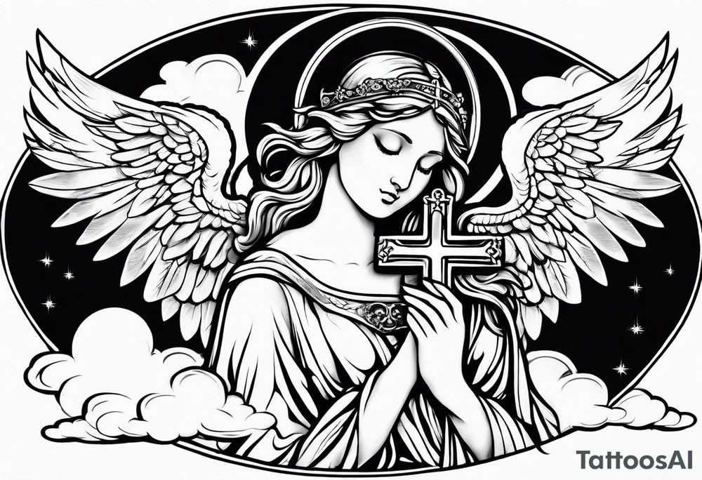 Angelic Angel holding cross in clouds tattoo idea