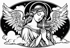 Angelic Angel holding cross in clouds tattoo idea