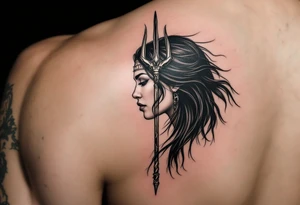 american indian woman face with black hair behind trident tattoo idea