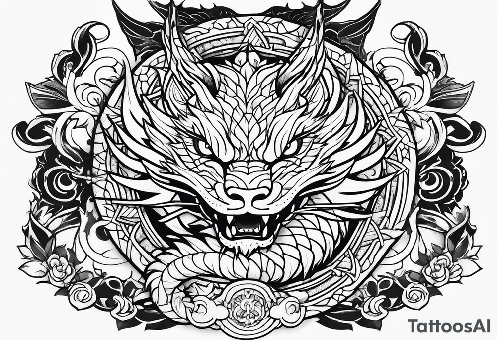 wristband tattoo with dragon and cat tattoo idea