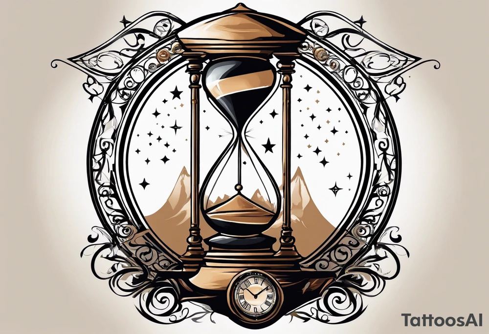 I want a tattoo-inspired design for a t-shirt that features a bold and detailed hourglass with a hand clock in the center, using Amazigh numerals for the clock numbers. The hourglass should have a strong, shaded look, with sharp lines resembling tattoo art. Planets and stars should orbit around the hourglass, giving it a cosmic and timeless feel. The design should be intricate, focusing on the flow of time and the universe, with the planets adding depth and movement. The overall aesthetic should be bold and detailed, in a blackwork tattoo style, without any flowers."black and whit design tattoo idea