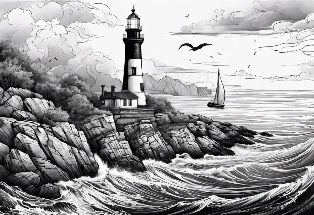 phare maritime dans un bateau a voiles. tattoo idea