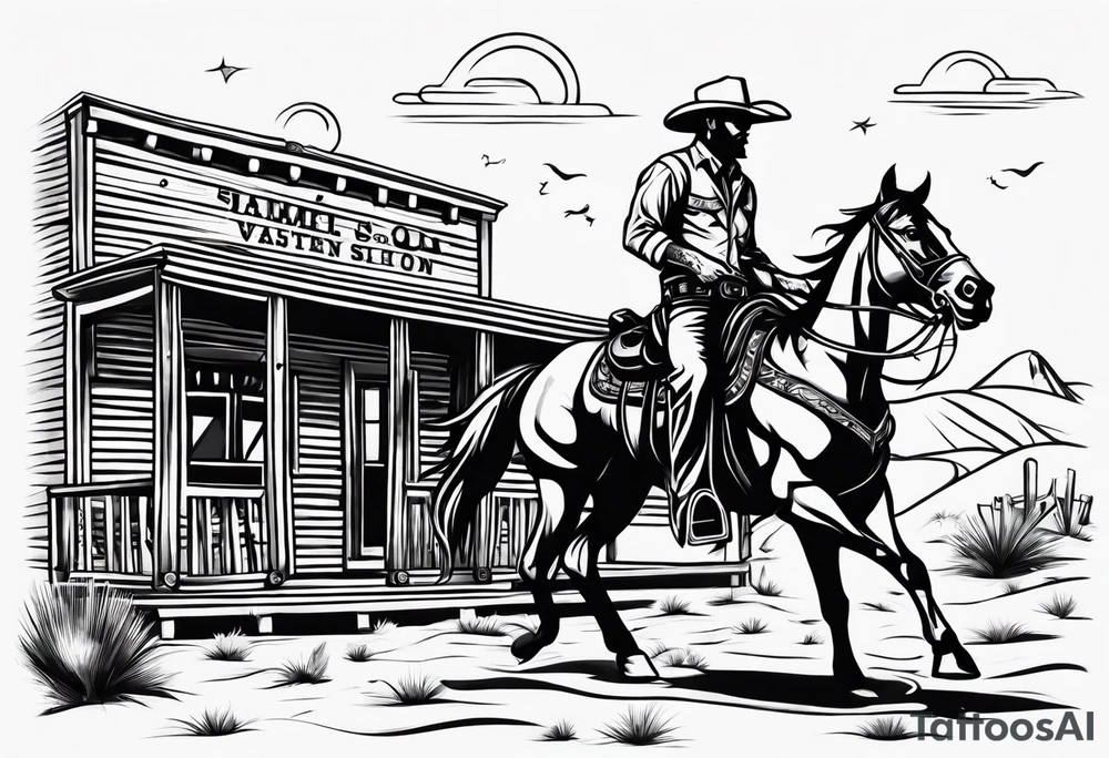 Country western cowboy saloon sunset shootout tattoo idea