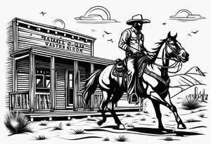Country western cowboy saloon sunset shootout tattoo idea