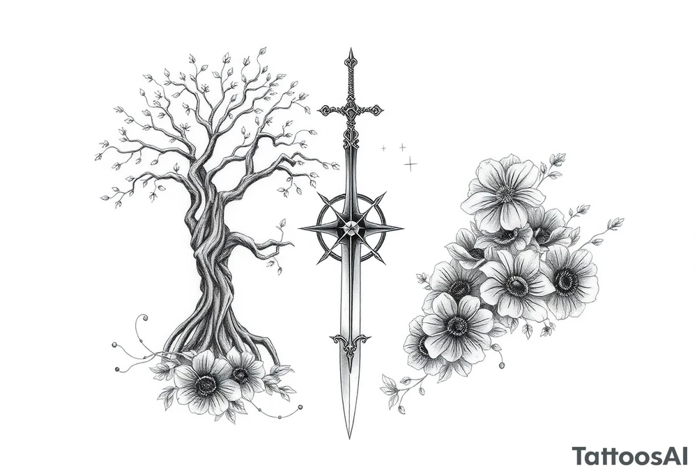 based on the Lord of the rings movies with the tree of Gondor, the Evenstar, the sword Narsil, and flowers tattoo idea