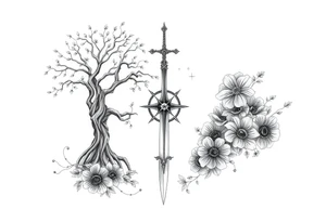 based on the Lord of the rings movies with the tree of Gondor, the Evenstar, the sword Narsil, and flowers tattoo idea