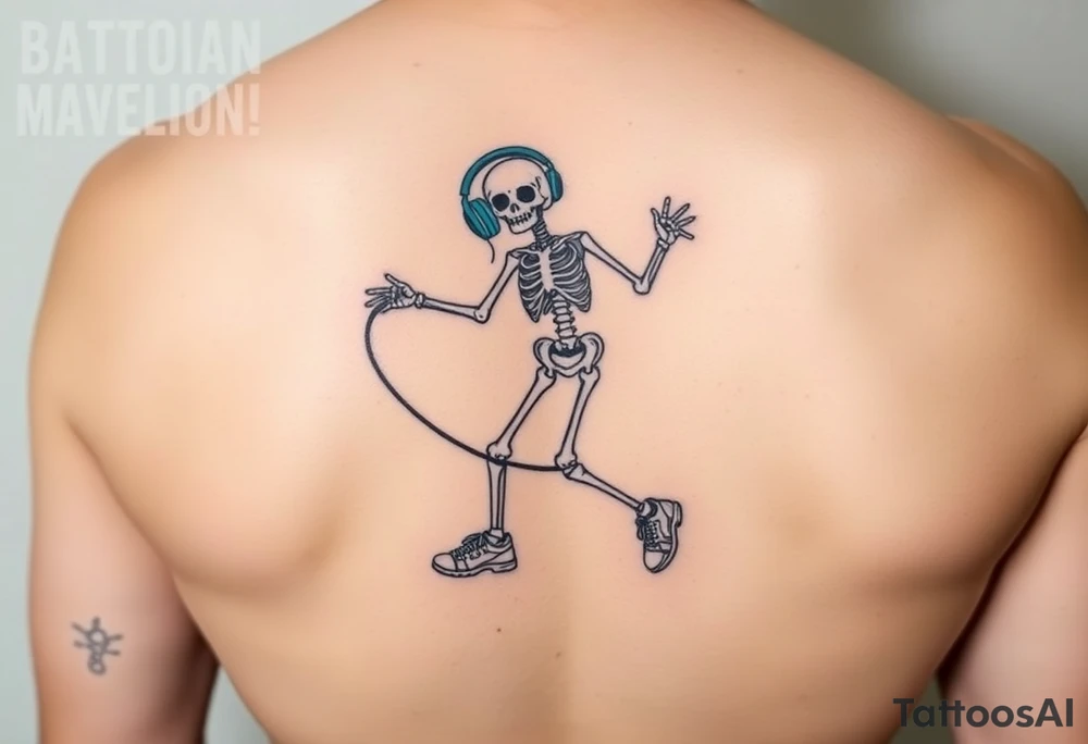 Funny small skeleton jump on exercises jump rope with a blue headphones and blue tennis shoes tattoo idea