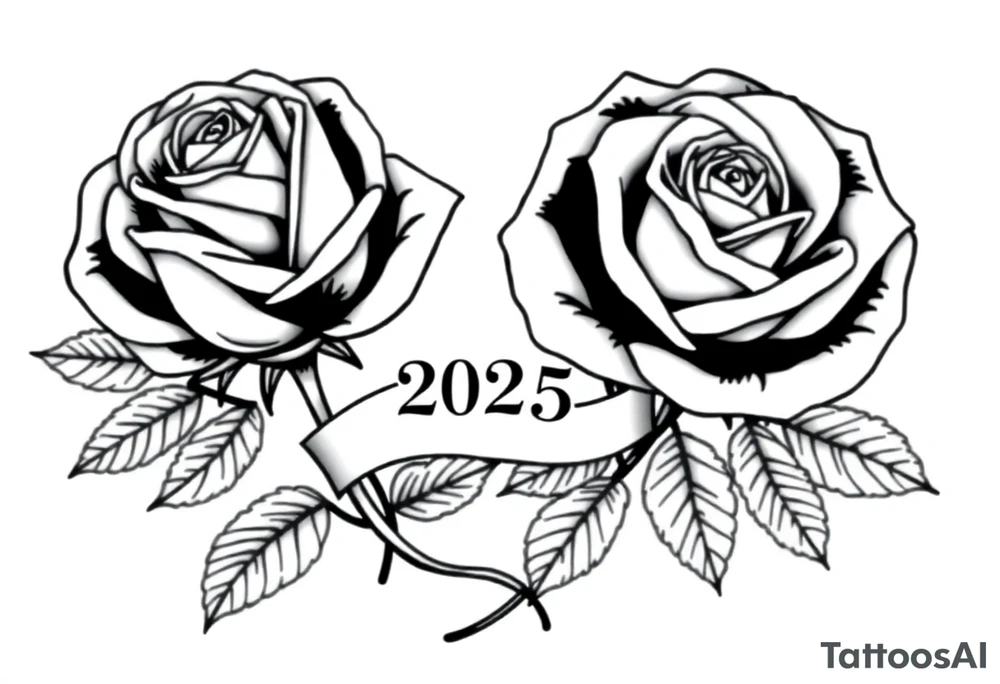 two beautiful large rose buds, one larger than the other, with many leaves next to the rose buds, with one sitting higher than the other. Include a banner connecting the two roses with the year "2025" on it.   Use dark outlines with little shading. The two stems should be short, not long, and connect and join into one stem, whimsically curved or twisted - not straight down. tattoo idea
