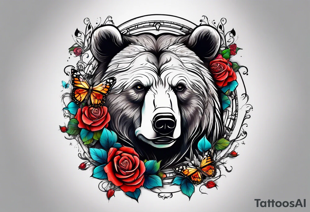 Bear under the tree of life with multicolor roses and three butterflies for an upper arm tattoo. tattoo idea