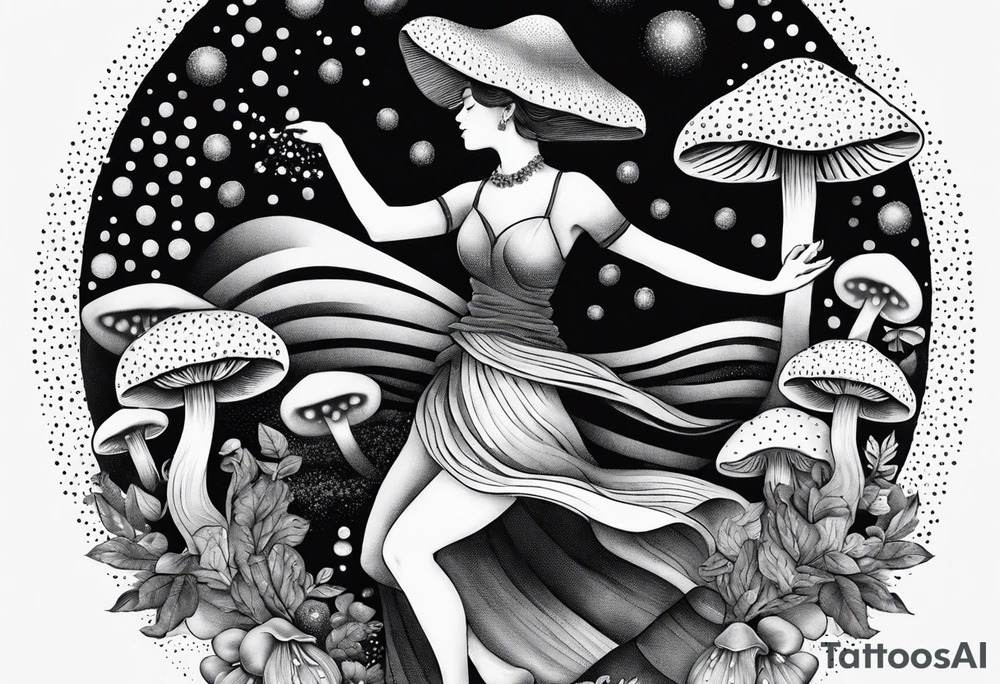 woman dancing around a mushroom tattoo idea