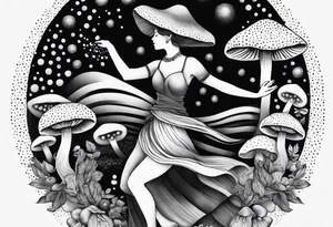 woman dancing around a mushroom tattoo idea