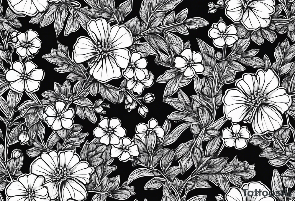 Generate a picture of Vervain (Verbena) flowers forming an oval shape with small leaves around them. tattoo idea