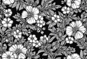 Generate a picture of Vervain (Verbena) flowers forming an oval shape with small leaves around them. tattoo idea