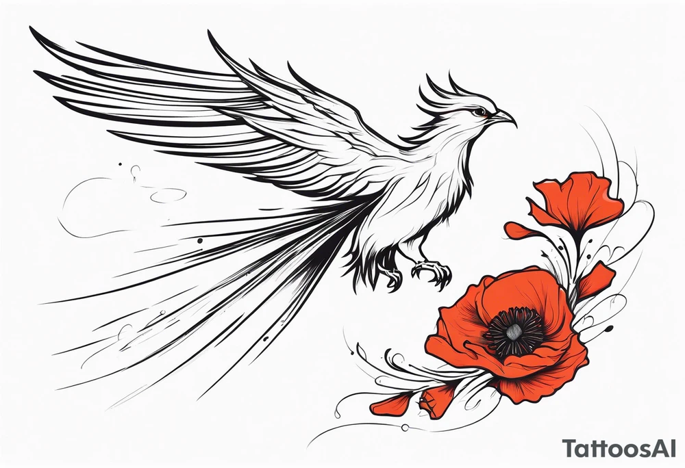 elongated phoenix in flight
in profile long tail with claws holding poppies falling tattoo idea