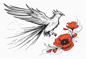 elongated phoenix in flight 
in profile long tail with claws holding poppies falling tattoo idea