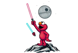 Elmo holding a lightsaber standing on a mountain looking up at the deathstar in space tattoo idea