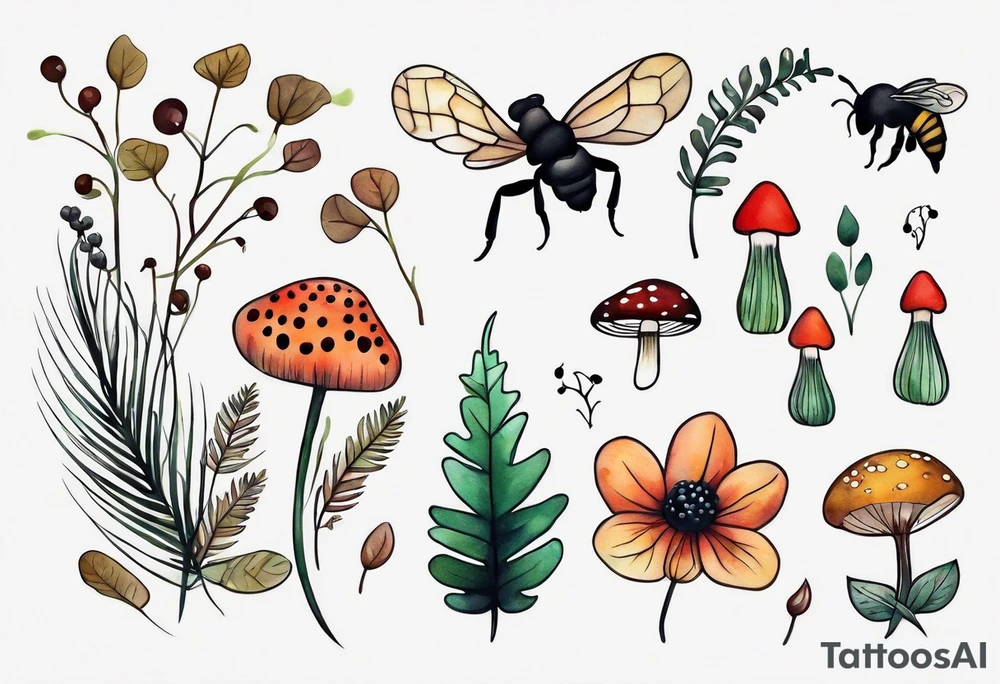 forest floor inspired minimalist tattoo, which includes grass, curly ferns, moss and dead leaves as the bulk of the tattoo. details to include: forest berries, a tiny bumblebee flying nearby, three small brown mushrooms
Generate a vertically long one tattoo idea