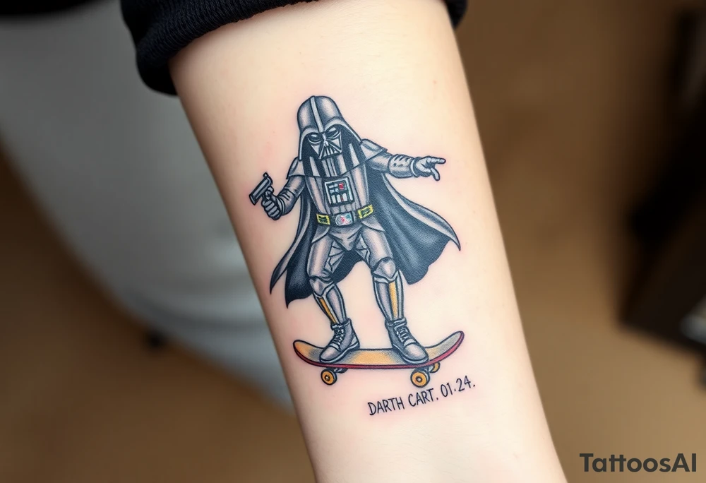 Darth Vader skateboarding with gun> bullets > memorial > god > colors > futuristic/space/star wars
add name "Darth Carter" on skateboard
add date 12/29/88-01/06/24 tattoo idea
