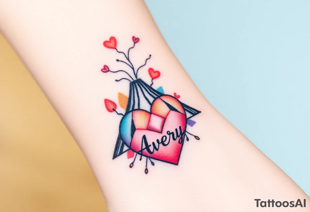 Geometric Volcano erupting into a heart with text Avery tattoo idea