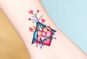 Geometric Volcano erupting into a heart with text Avery tattoo idea