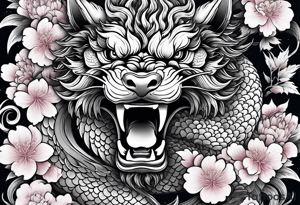 Japanese dragon, foo dog, cherry blossoms, full sleeve tattoo idea