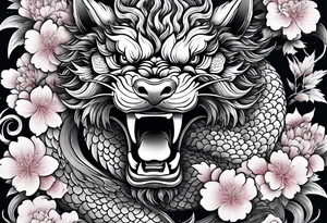 Japanese dragon, foo dog, cherry blossoms, full sleeve tattoo idea